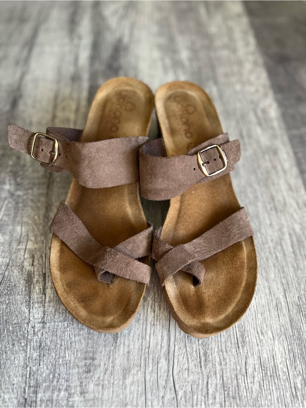 Yokono Women’s Size 8 Suede Brown Wedge Sandals with Buckle Strap Leather Cork
